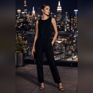 BCBGMAXAZRIA Mirabella Black Jumpsuit NWT Sequin Side Panels Sleeveless Size L